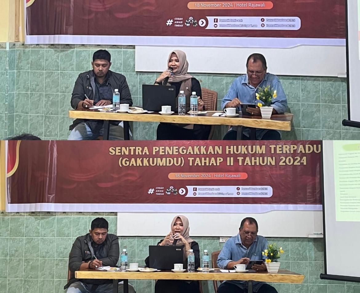 Ketua Bawaslu Kota Banda Aceh menjadi Narasumber pada kegiatan Rapat Koordinasi Sentra Penegakan Hukum Terpadu (Gakkumdu) Tahap II Tahun 2024 yang di selenggarakan oleh Panwaslihkada Kota Banda Aceh